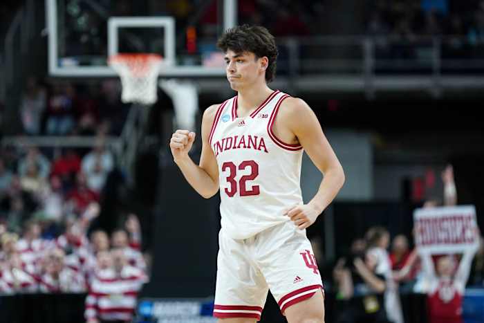 Indiana Hoosiers guard Trey Galloway (32) reacts after a play against the Miami (Fl) Hurricanes during the first half at MVP Arena.